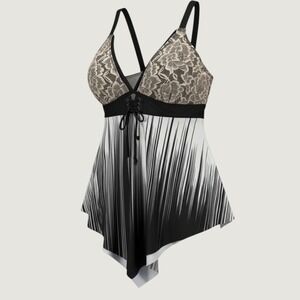 Black White Lace Tank/Swim Top Womens 14 Corset Handkerchief Hem Whimsy Y2K